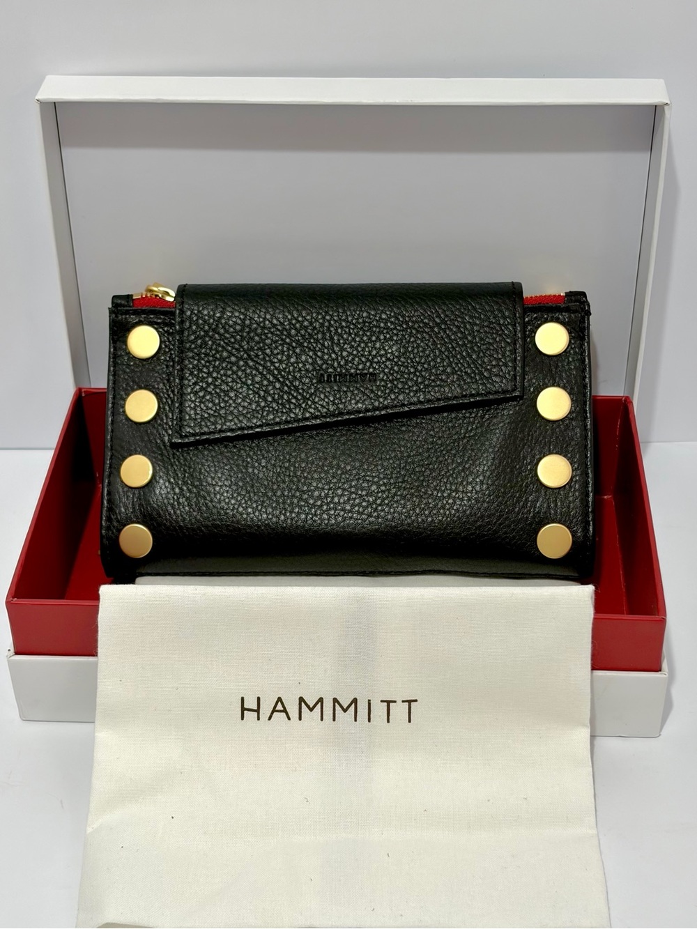 Hammitt Levy Crossbody Wallet in Classic Black Brushed Gold Hardware and Red Zip